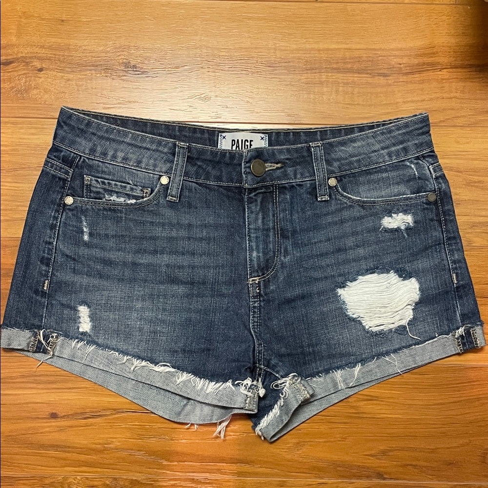 PAIGE Women's Dark Wash Distressed Jean Shorts